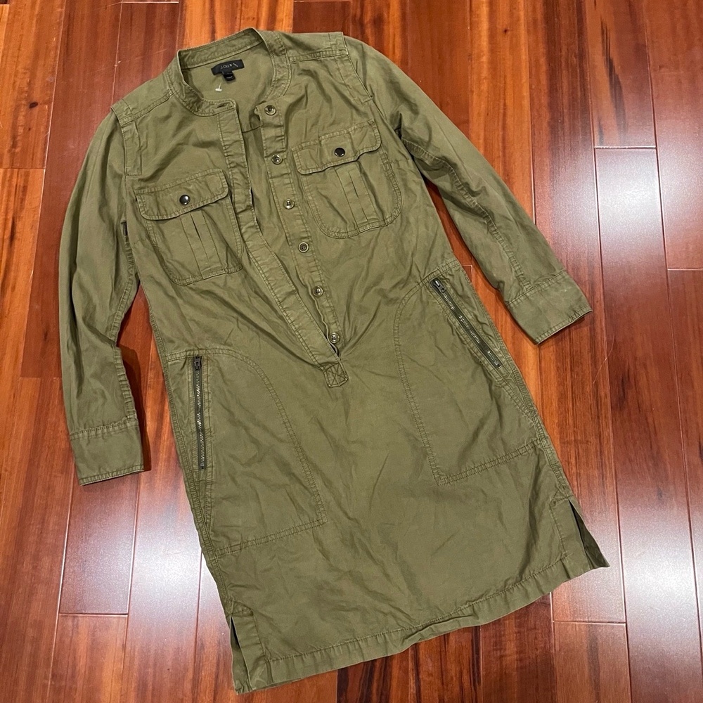J.Crew Olive Green Dress Cargo‎ Button Front Utility Long Sleeve Lyocell Size 0